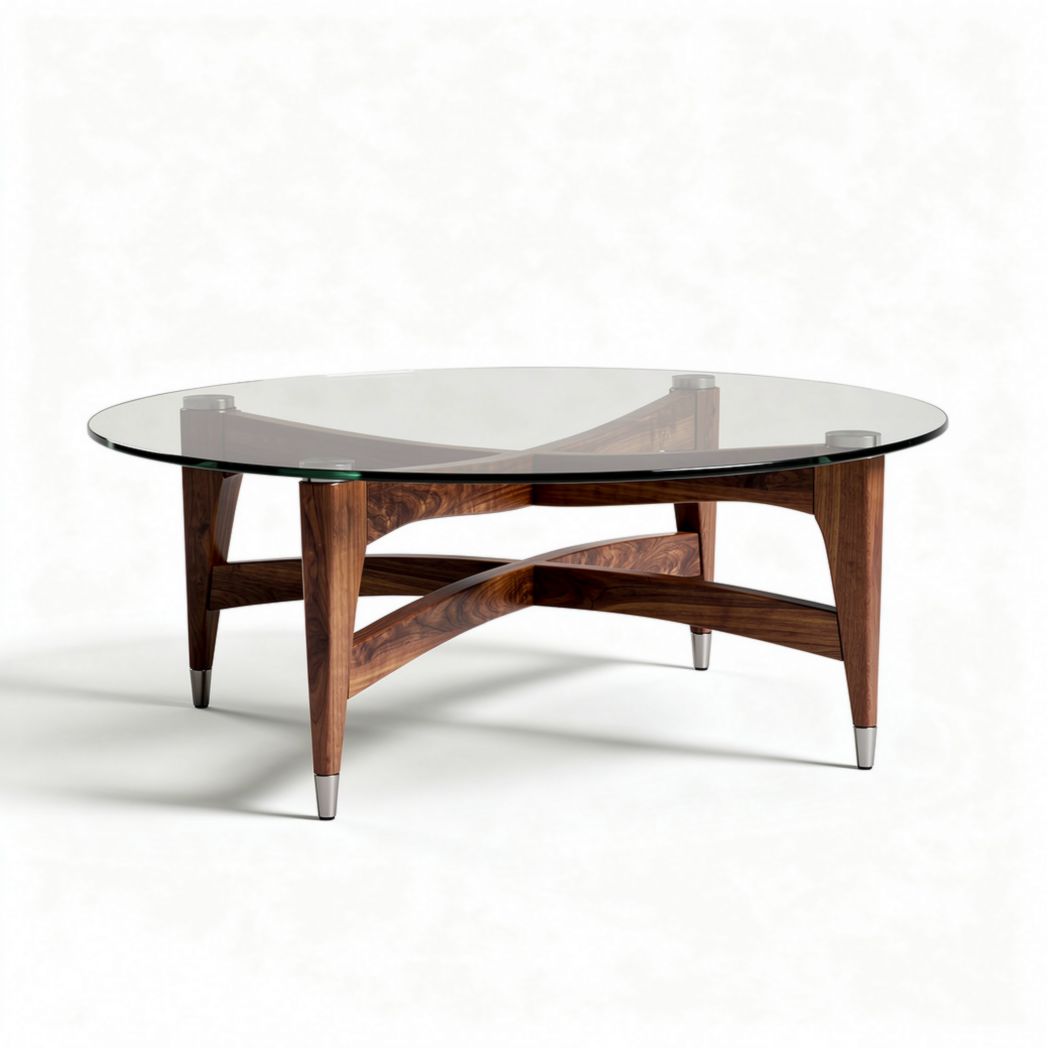 Ronde salontafel van glas en eikenhout 80 x 80 x 40 cm