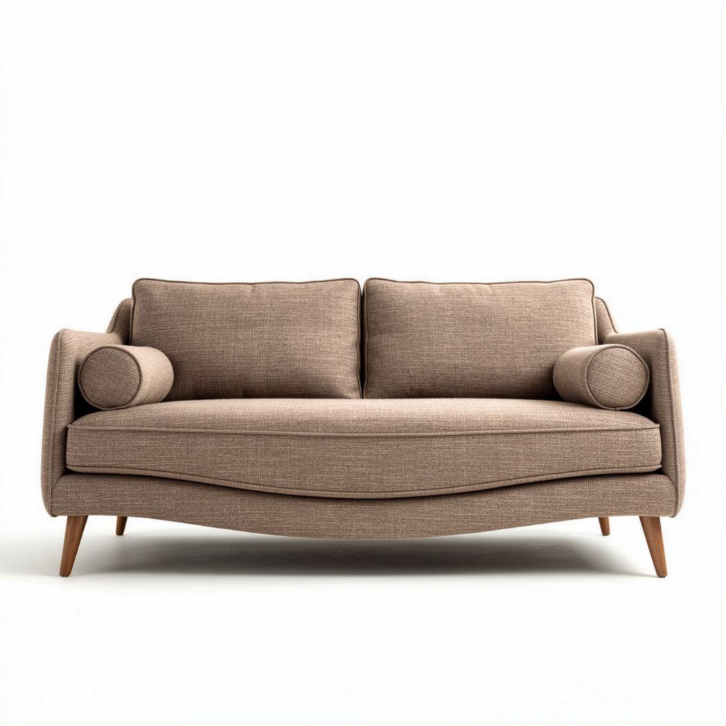 Tweed meubelbank met ronde kussens en houten poten 180 x 80 x 85cm