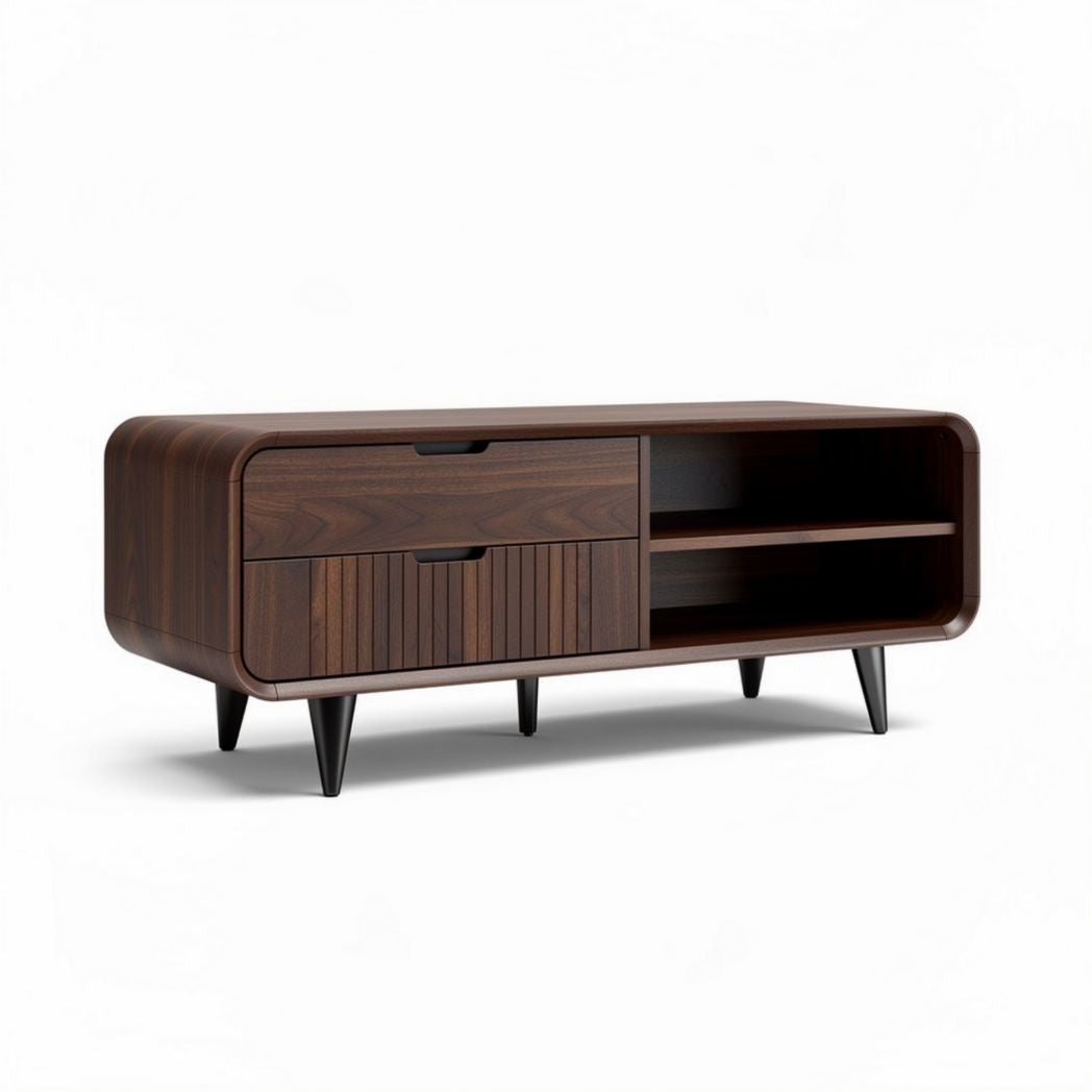 Tv-meubel van hout met open planken en lades 140 x 40 x 50cm bruin