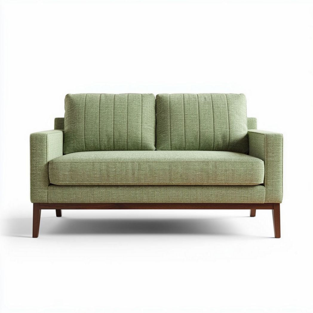 Groene stoffen bank met strakke lijnen en houten poten 160 x 80 x 80cm