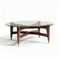ronde salontafel van glas en eikenhout 80 x 80 x 40 cm