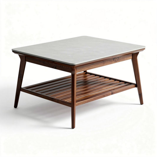 Salontafel van hout in bruin met glazen blad en onderplank 120 x 80 x 45cm