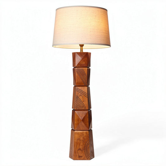 Houten vloerlamp met geometrisch design en linnen lampenkap 150 cm hoog